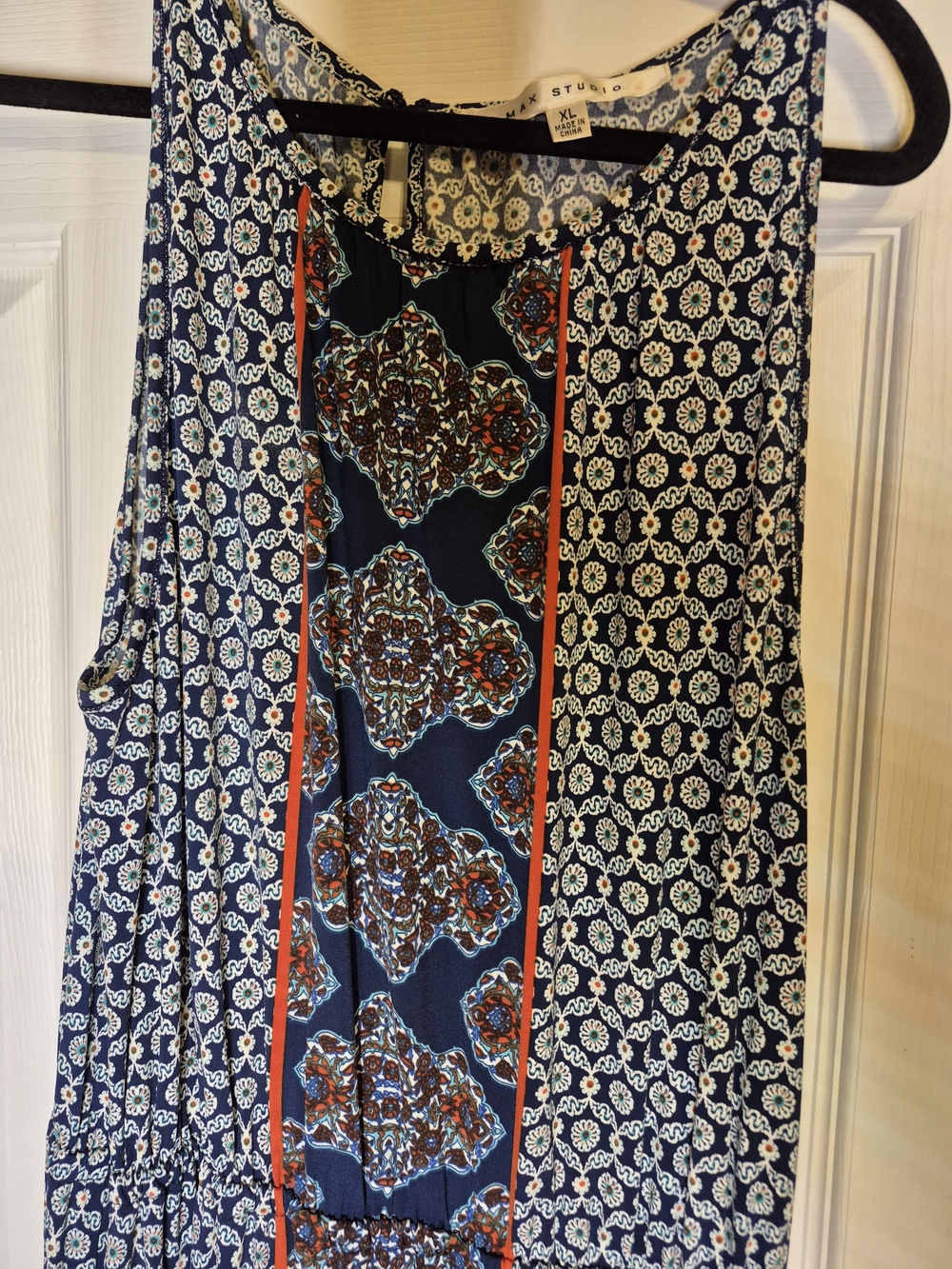 Studio Navy Patterned Sleeveless Maxi Dress with Rust Accents